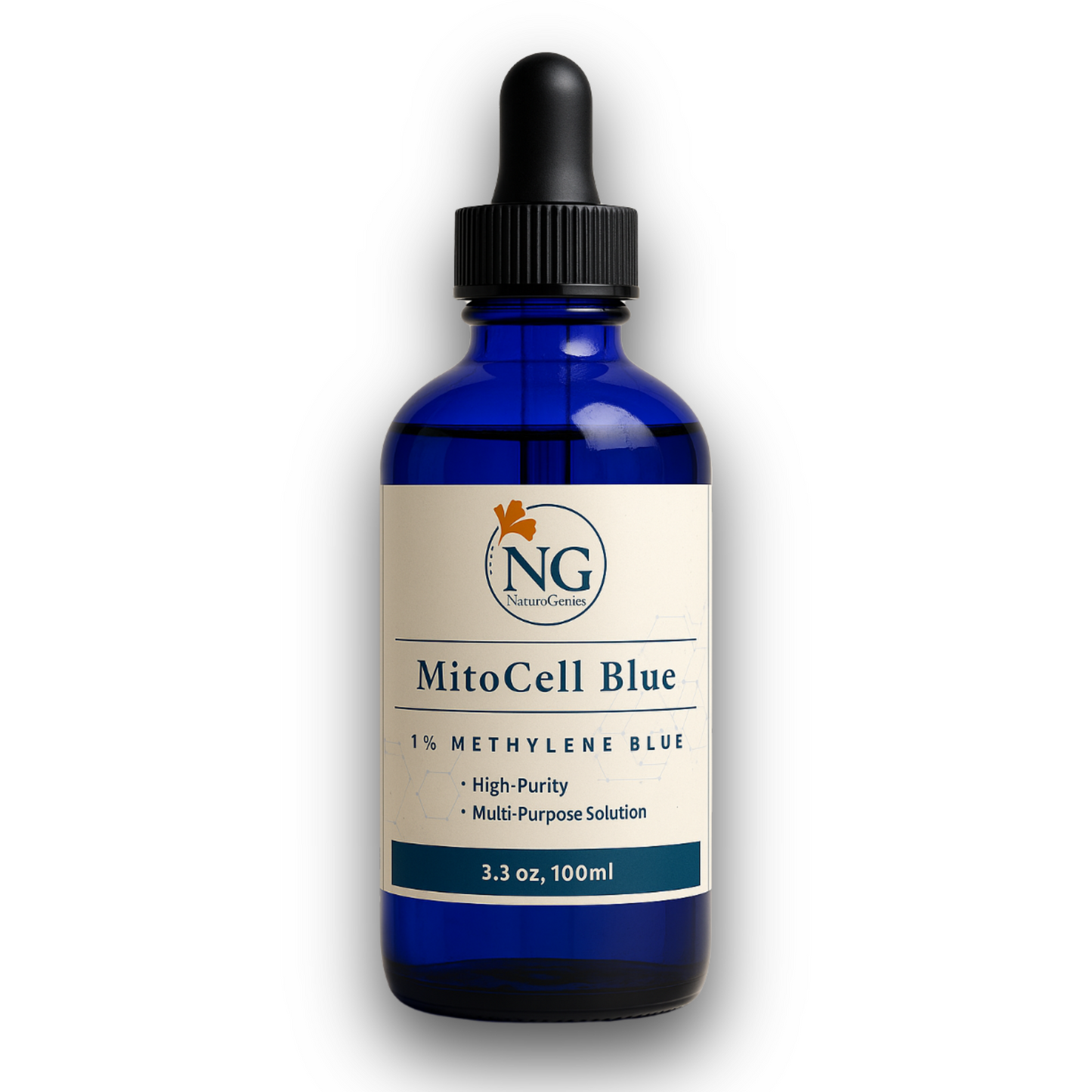 100ml MitoCell Blue 1% Methylene Blue in a cobalt blue dropper bottle by NaturoGenics — a pharmaceutical-grade solution for external use only.