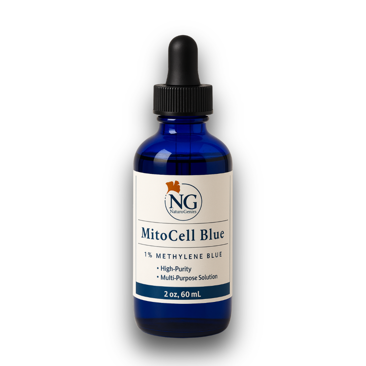 60ml blue glass dropper bottle of MitoCell Blue 1% Methylene Blue by NaturoGenics.
