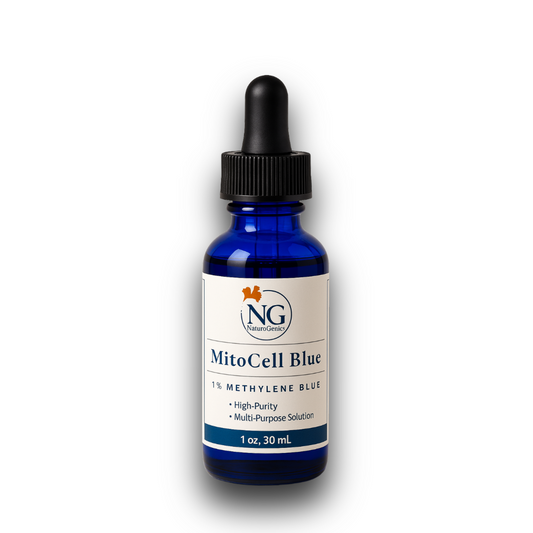 30ml blue glass dropper bottle of MitoCell Blue 1% Methylene Blue solution by NaturoGenics.